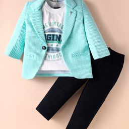 Dapper Dudes Vintage Text Printed Tee & Pant With Full Sleeves Checked Blazer Set - Green-image-42