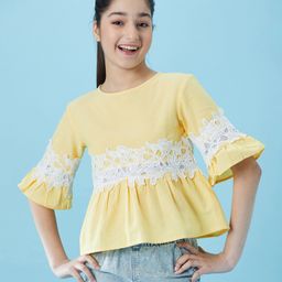 Pspeaches Cotton Half Bell Sleeves Floral Lace Detailed Top - Yellow-image-31