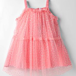 Babyhug Woven Sleeveless Mesh Party Dress With Silver Foil Print - Peach-image-88