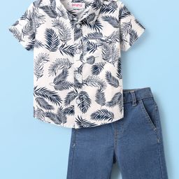 Babyhug Cotton Woven Half Sleeves Shirt & Denim Shorts with Leaves Print - White & Blue-image-6