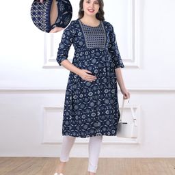Bella Mama Woven Three Fourth Sleeves Maternity Suit Set With Floral Print - Navy Blue-image-58