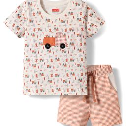 Babyhug Single Jersey Knit Half Sleeves T-Shirt & Short Set With Vehicle Print - White-image-124