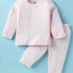 Pink Rabbit Interlock Knit Full Sleeves Co-ords Night Suit with Animal Print - Light Pink-image-98