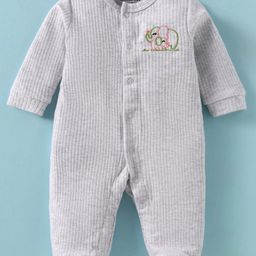 Wonderchild Full Sleeves Elephants Embroidered Ribbed Sleepsuit - Light Melange-image-3