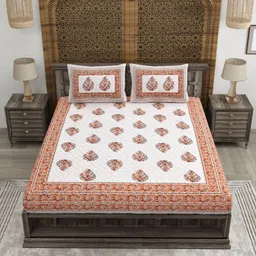 CLOTHOLOGY Orange & White Floral 180 TC Pure Cotton King Bedsheet Set-2.75 m x 2.25 m-image-96