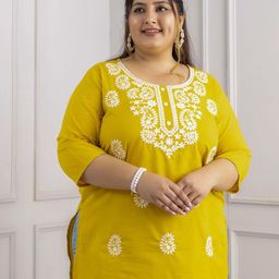 Lee Moda Plus Size Paisley Embroidered Round Neck Pure Cotton Kurti-image-62