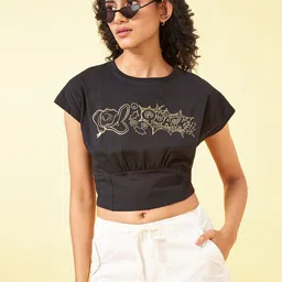 Honey by Pantaloons Embellished Extended Sleeves Cotton Crop Top-image-94