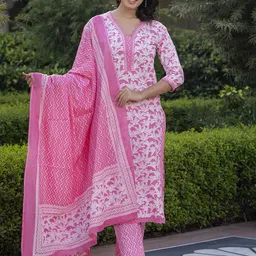KALINI Floral Printed Mirror Work Straight Pure Cotton Kurta With Trousers & Dupatta-image-96