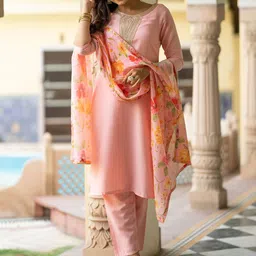 KALINI Floral Yoke Design Round Neck Zari Straight Kurta & Trousers With Dupatta-picture-3