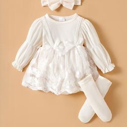 Hopscotch Beige Floral Embroidered Bishop Sleeve Onesie with Headband and Pair of Stocking-picture-46