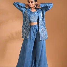 Morchari Embroidered V-Neck Top With Palazzo & Embroidered Jacket Co-Ords-picture-32