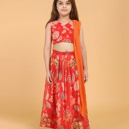 Piccolo Sleeveless Floral Printed Choli & Pleated Lehenga With Shaded Dupatta - Red-picture-18