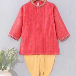 Babyhug Full Sleeves Kurta and Dhoti Set Bandhani Print - Coral-image-95