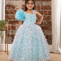 Ministitch One Shoulder Ruffled & Seamless 3D Flowers And Butterflies Embellished & Dobby Work Detailed Fit & Flare Ball Gown - Sky Blue-image-42