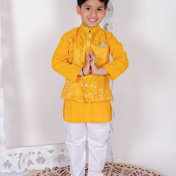 Superminis  Pure Cotton Full Sleeves Solid Kurta Pyjama With Dupion Silk Floral Block Motif Designed Jacket - Yellow-picture-14