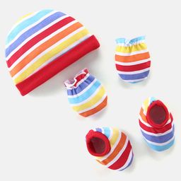 Babyhug 100% Cotton Knit Striped Cap Mittens & Booties Set - Multicolour-image-17