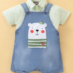 Little Kangaroos Cotton Knit Dungaree with Half Sleeves Shirt & Teddy Applique - Light Blue-image-60