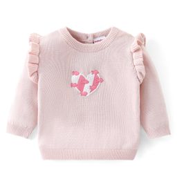 Babyhug Knitted Full Sleeves Sweater with Heart Embroidery & Frill Detailing - Pink-image-93