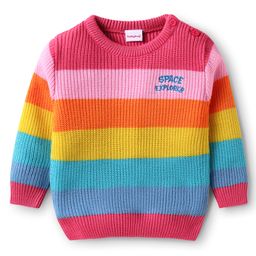 Babyhug Knitted Full Sleeves Pullovers Striped Sweater - Pink-image-90