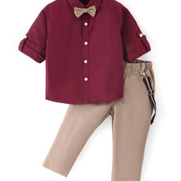 Mark & Mia Full Sleeves Solid Color Party Shirt & Trouser Set with Bow & Suspender -  Wine & Beige-image-40