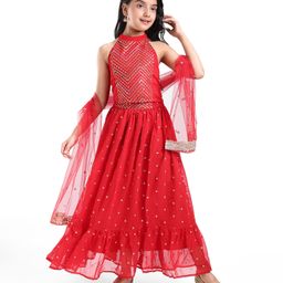 Pine Kids Woven Sleeveless Sequined & Embroidered Choli Lehenga Set with Dupatta - Red-picture-30