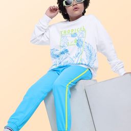 Ollington St. 100% Cotton Knit Full Sleeves Sweatshirt & Joggers Set With Tropical Theme Print - White & Blue-picture-42