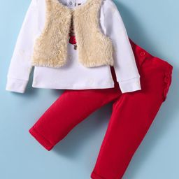 ToffyHouse Interlock Knit Full Sleeves Top & Trouser Set With Animal Embroidery & Fur Shrug - White & Red-image-27