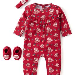 Babyhug 100% Cotton Knit Full Sleeves Chipmunk Printed Romper with Headband & Booties - Dark Pink-image-37