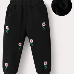 Kookie Kids Full Length Solid Color Lounge Pant with Floral Embroidery - Black-image-96