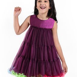 Babyhug Sleeveless Solid Colour A Line Tiered Mesh Party Frock with Frill Detailing - Wine-image-70