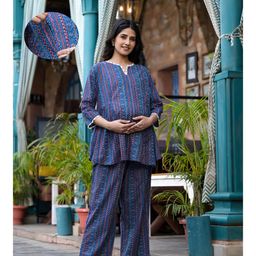 Aujjessa Cotton Three Fourth Sleeves Geometric Printed & Lace Embellished Maternity Night Suit with Concealed Zipper Nursing Access  Indigo Multi-picture-2