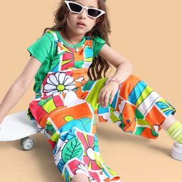 Ollington St. 100% Cotton Knit Floral Printed Dungaree & Half Sleeves T-Shirt - Orange & Green-picture-49