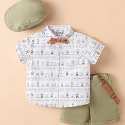 ToffyHouse Cotton Woven Half Sleeves Animal Printed Shirt & Shorts With Bow Suspender & Hat - White & Green-image-75