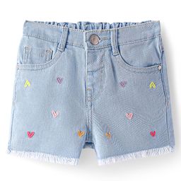 Babyhug Mid Thigh Washed Denim Shorts with Heart Embroidery - Light Blue-picture-6
