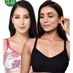 Inner Sense Organic Cotton Pack Of 2 Solid & Floral Printed Soft Antimicrobial Maternity Bras With Nursing Access - Multi Colour-image-7