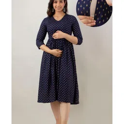 CeleBravo Rayon Three Fourth Sleeves Foil Ethnic Motifs Printed Maternity Dress With Nursing Access - Blue-picture-5
