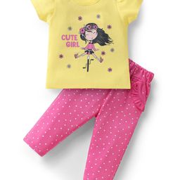 Doodle Poodle 100% Cotton Knit Half Sleeves T-Shirt & Leggings Set With Girl & Polka Dot Print - Yellow & Pink-image-17