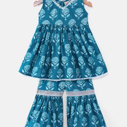 Ridokidz Sleeveless Floral Printed & Gota Lace Embellished Kurti Sharara Set - Peacock Green-image-79
