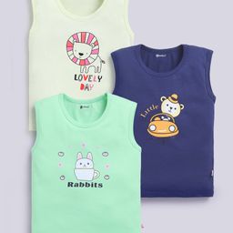 MOONKIDS Cotton Knit Pack Of 3 Sleeveless Baby Animals & Car Printed Vests - Mint Green Lime & Navy Blue-picture-21