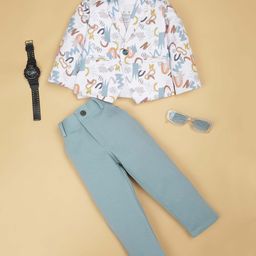 Rikidoos Full Sleeves Abstract Printed Blazer With Tee & Pant Set - White & Sea Green-picture-0