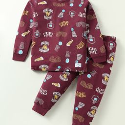 CUCUMBER Sinker Knit Full Sleeves Co-Ord Night Suit With Basketball Print - Burgandy-image-56