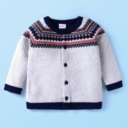 Babyhug Knitted Full Sleeves Front Open Sweater Set with Cap & Aztec Design - Navy Blue image 2