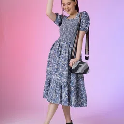 Femvy Floral Printed Smocked Detail Fit & Flare Dress-image-45