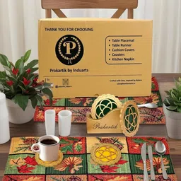 PRAKARTIK 9-Pcs Green & Red Printed Table Placemats&Coasters-0