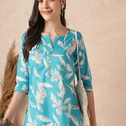HERE&NOW Women Blue Floral Print Cotton Top-picture-15