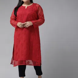 ADA Women Plus Size Red Ethnic Chikankari Sustainable Handloom Kurta With Matching Slip-image-7