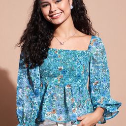 DressBerry Floral Print Puff Sleeve Georgette Peplum Top-picture-52