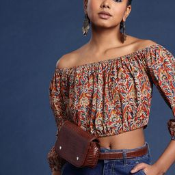 Taavi Floral Printed Off-Shoulder Cotton Kalamkari Blouson Top-picture-29