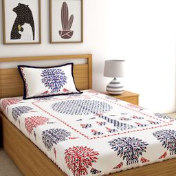 Rajasthan Decor White Screen Print 144 TC Cotton 1 Single Bedsheet with 1 Pillow Cover-image-10