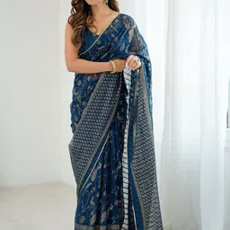 Moda Rapido Ethnic Motifs Zari Poly Georgette Handloom Block Print Saree-picture-38